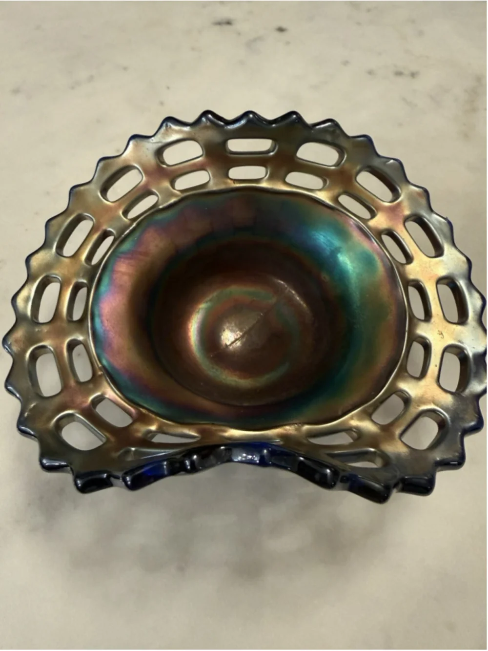Fenton Cobalt Blue Carnival Glass Basketweave Open Edge Crimped Bowl Vintage